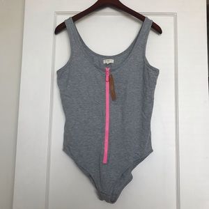 NWT grey bodysuit with pink zipper, sz 12